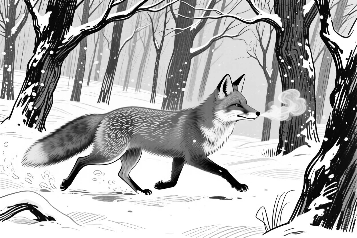 A red fox trotting through a snowy forest, breath visible in the cold air.