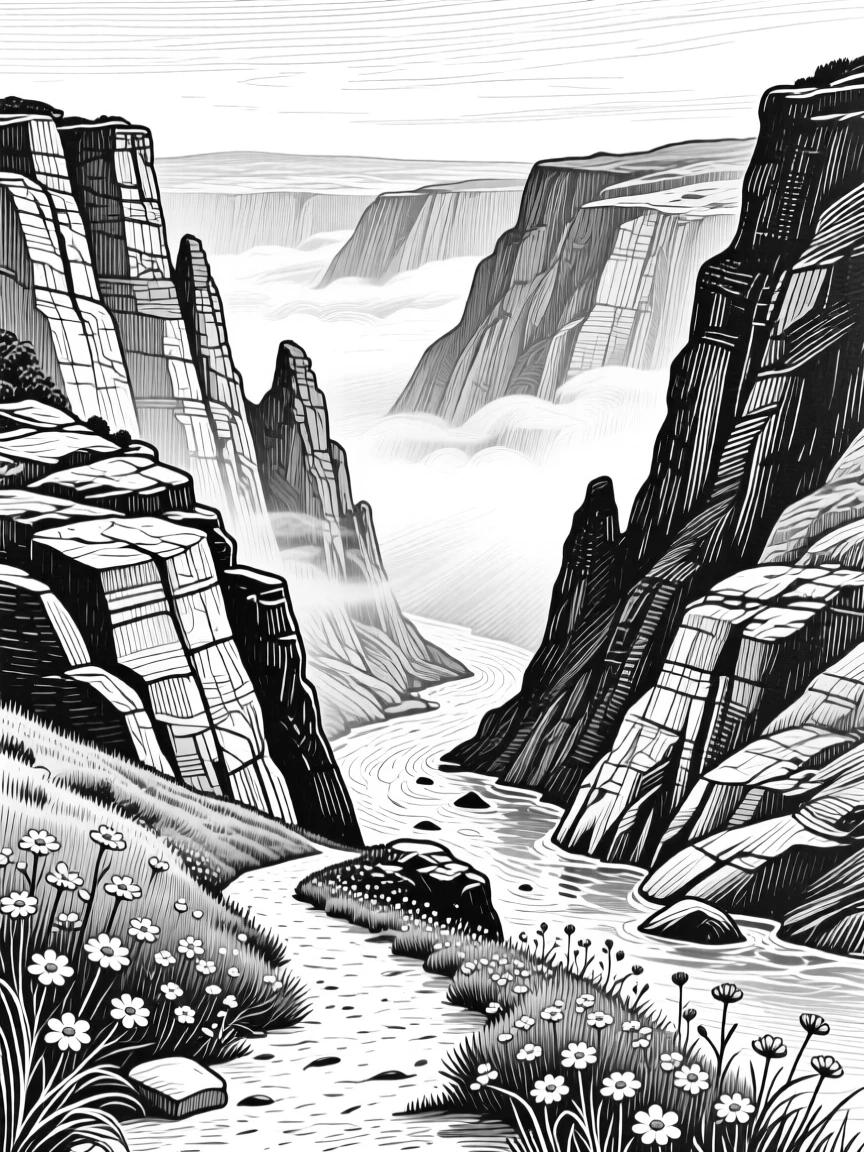 A canyon carved by centuries of water as fog rolls slowly across the valley, with scattered wildflowers along the path, evoking a serene and contemplative atmosphere in a wide, balanced composition.