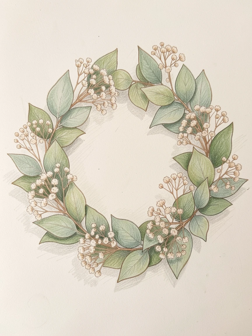 A wreath of eucalyptus and dried baby's breath, arranged with soft, natural asymmetry for an effortless look, designed to feel fresh, romantic, and giftable.