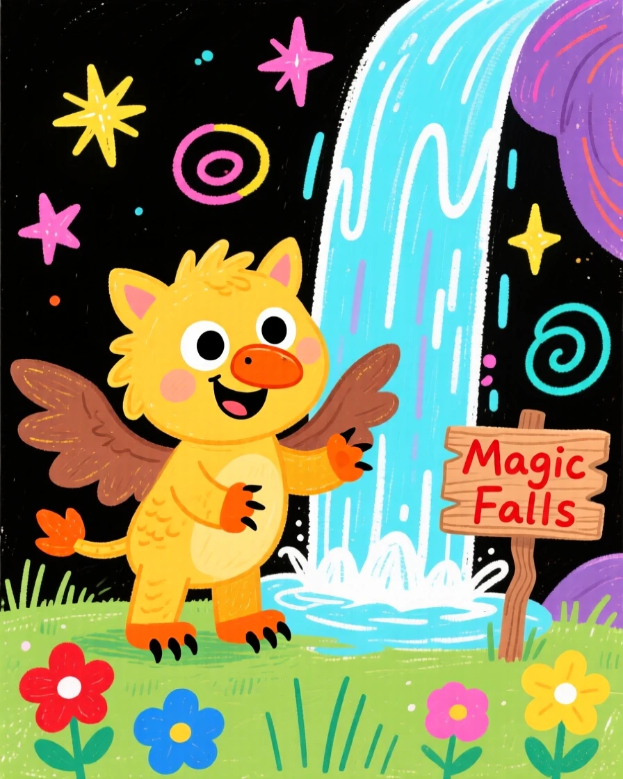A playful griffin cub beside a glowing magical waterfall.
