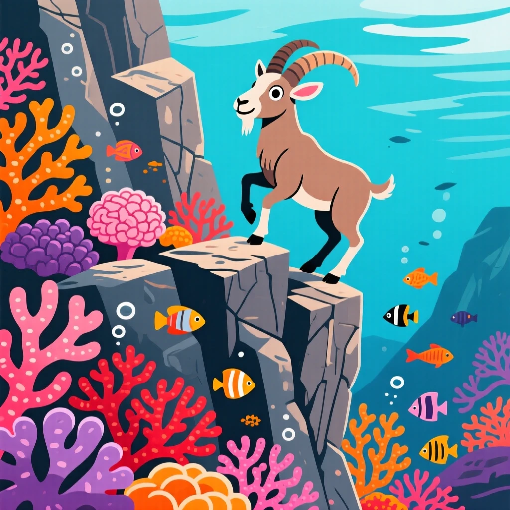 A mountain goat balancing on a steep rocky cliff, framed by a vibrant coral reef teeming with color, positioned slightly off-center following the rule of thirds, with a sense of playful curiosity captured perfectly.