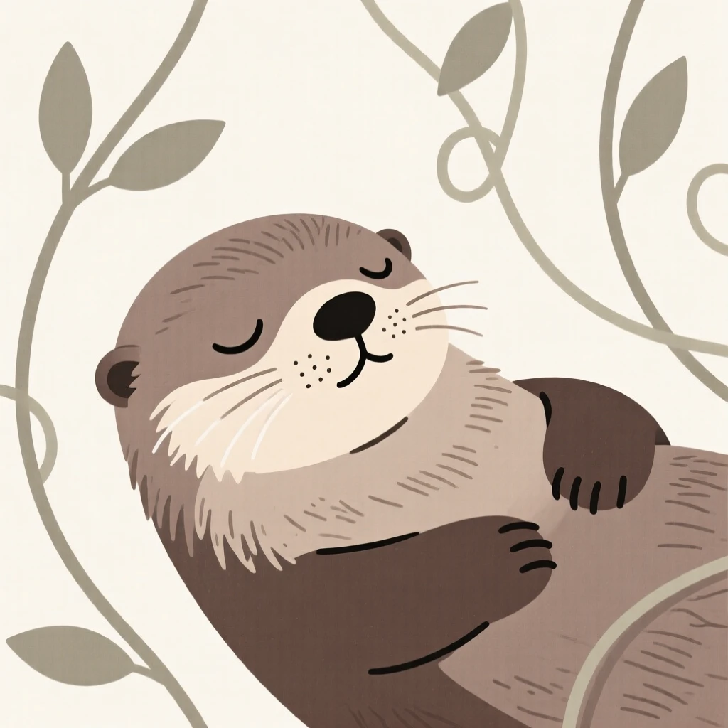 A close-up view of a sea otter resting peacefully, surrounded by hanging vines, full of gentle curiosity.