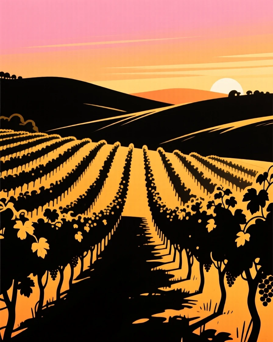 Rows of grapevines stretching across rolling hills at golden hour.