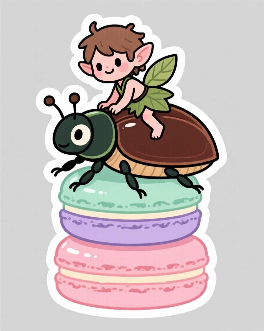A playful small forest sprite riding on the back of a friendly beetle, on top of a stack of pastel macarons.