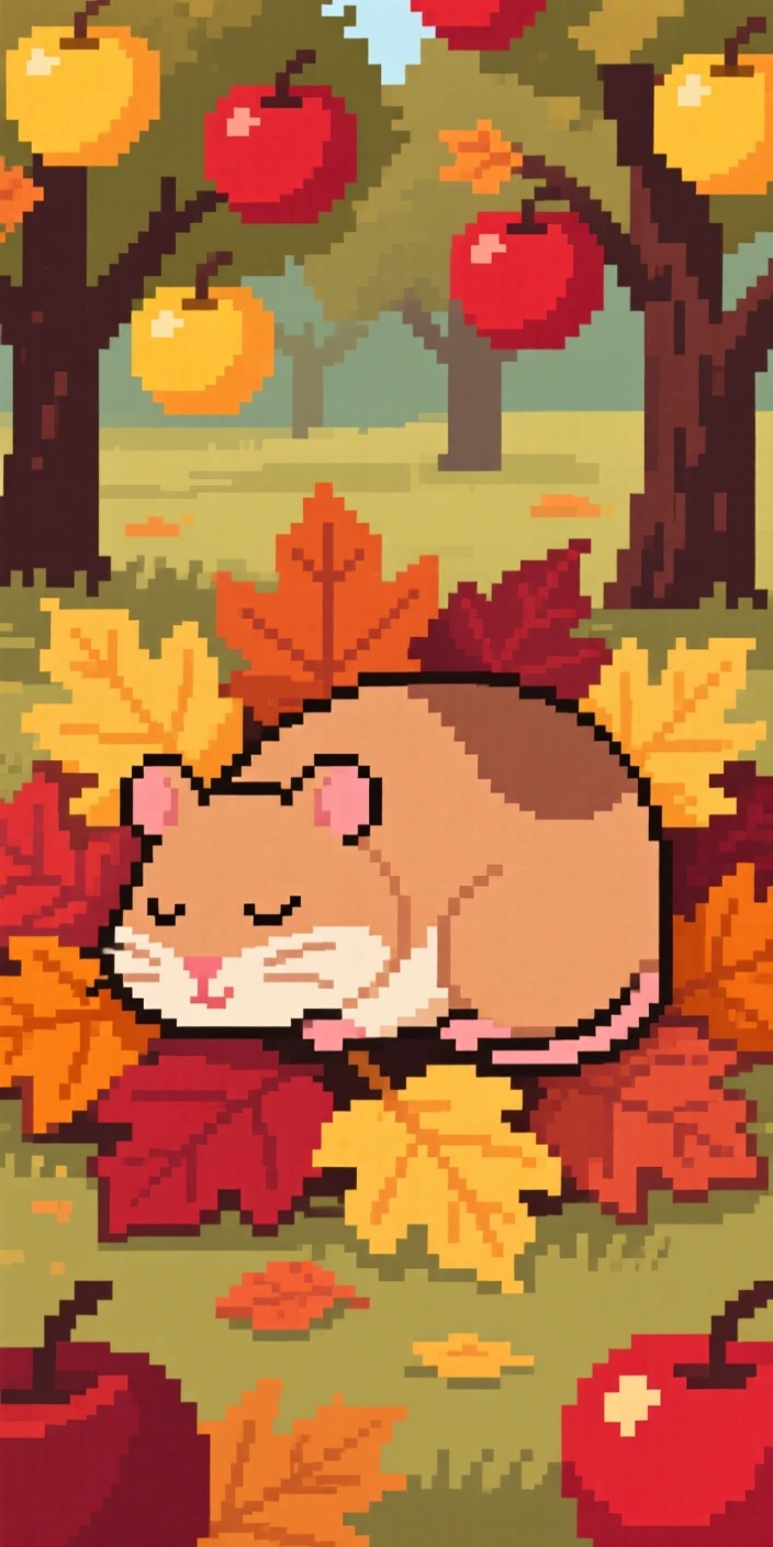 A round hamster asleep in a nest of autumn leaves, in an orchard heavy with ripe fruit.