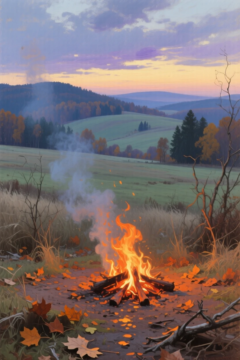 A broad landscape view of a bonfire glowing warmly on a chilly autumn evening, at dusk, in the interwar years.