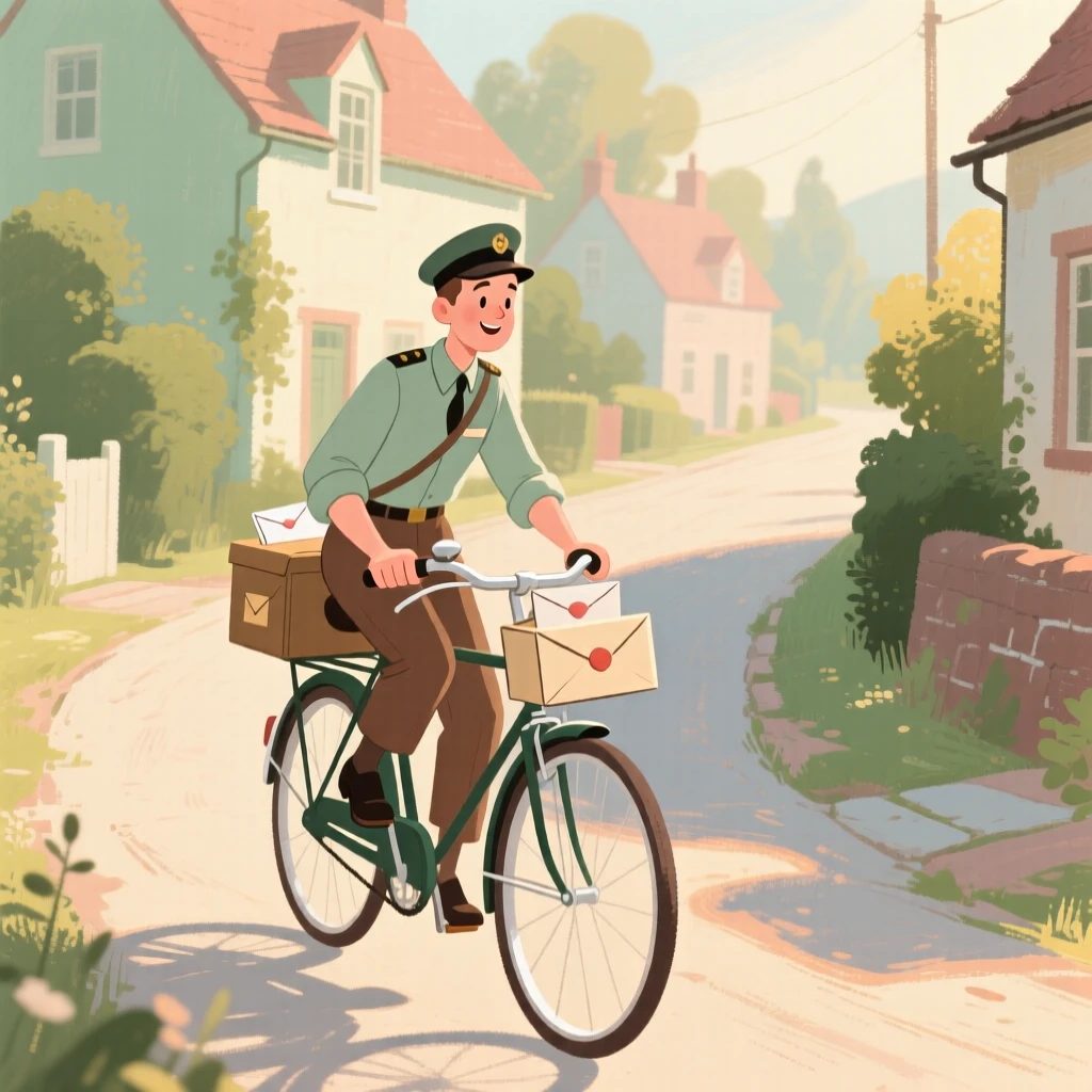 A postman delivering letters by bicycle through a village lane