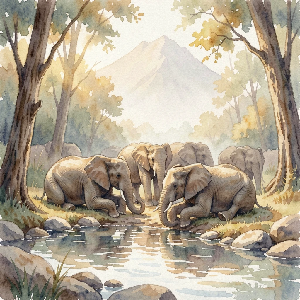 A herd of elephants at a watering hole near a mountain stream napping in a patch of sunlight.