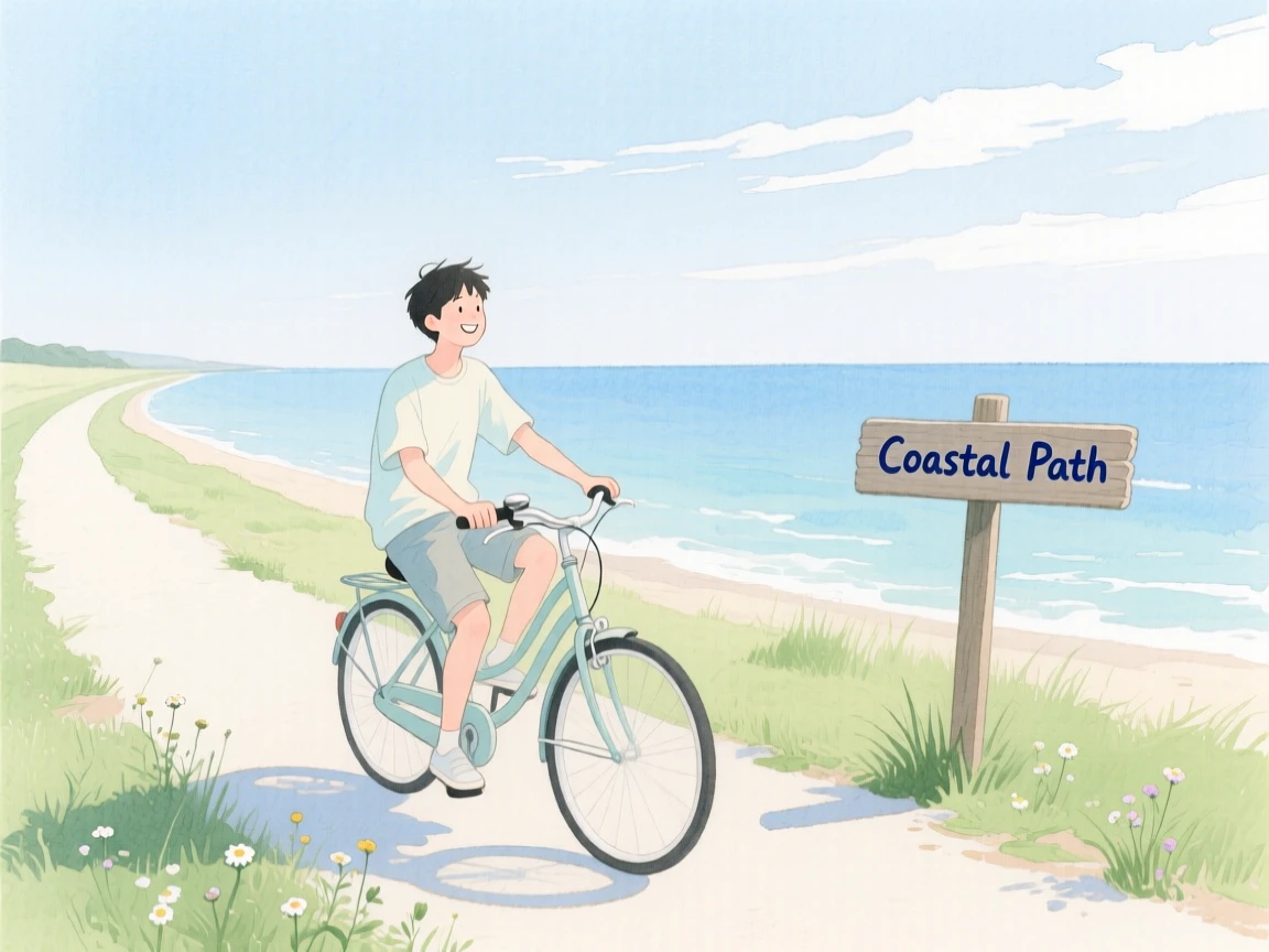 A peaceful scene of someone riding a bicycle along the coast on a quiet coastal path, fully absorbed in a quiet, joyful moment