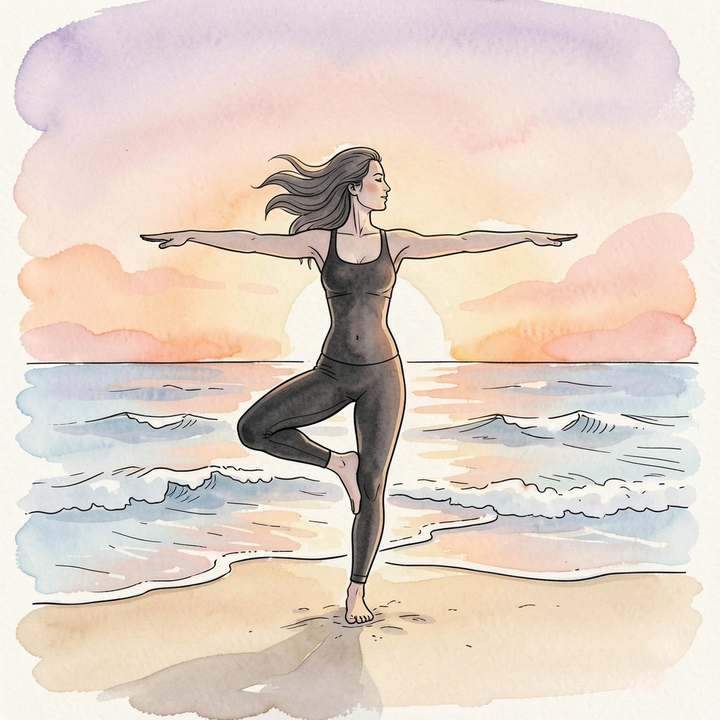 A woman practicing yoga on a quiet beach at sunrise, silhouetted against the glowing horizon