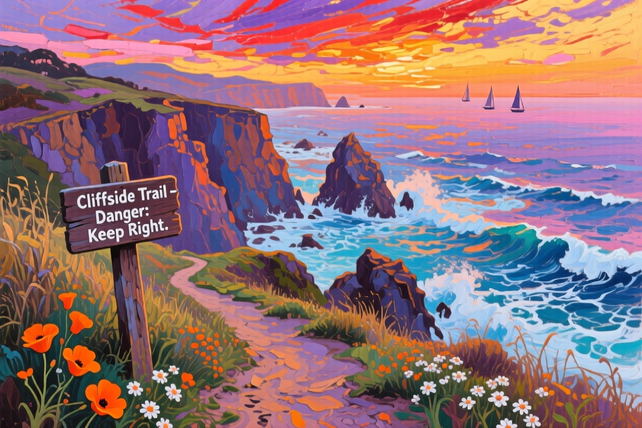 a cliffside path above a restless sea, at sunset, with layered visual detail from foreground to horizon.