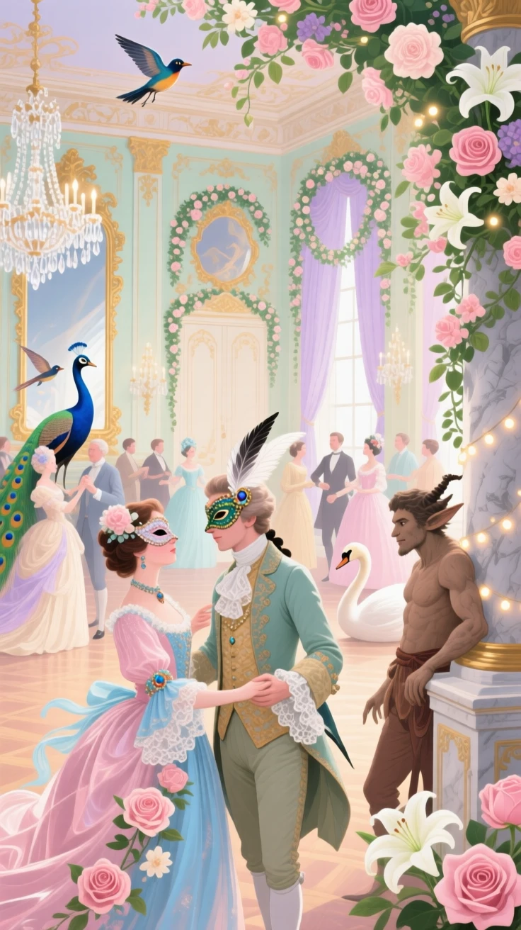 A grand masquerade where guests wear costumes of flowers, birds, and mythic creatures  