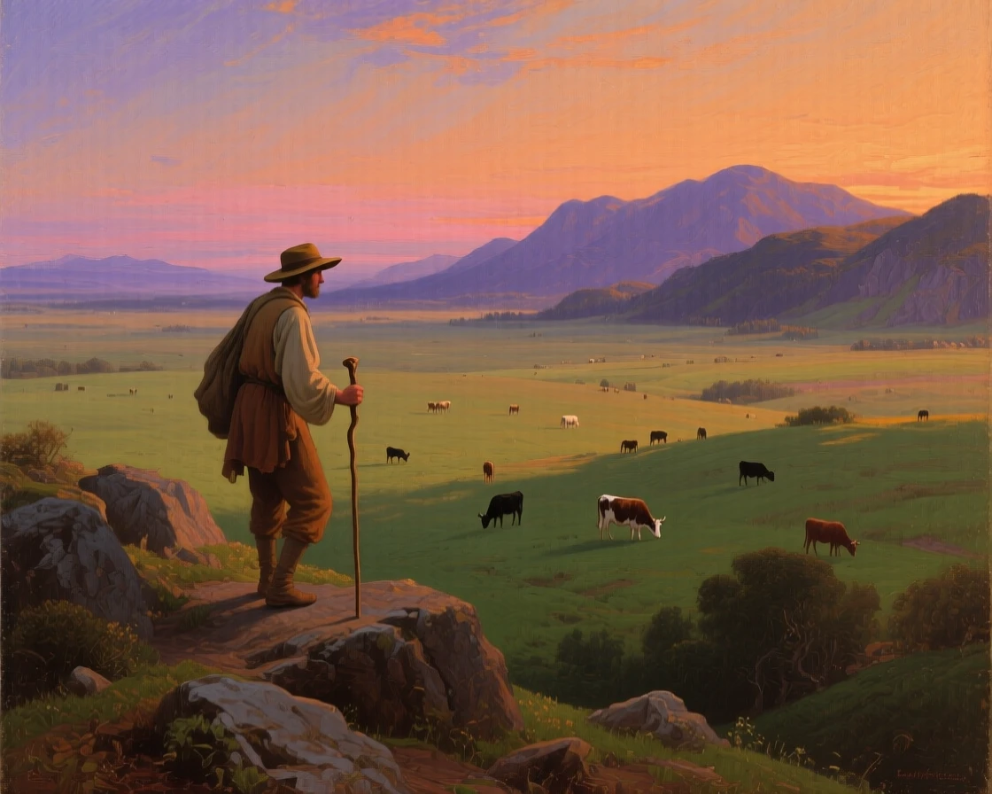 A solitary wanderer descends into a wide plain dotted with grazing cattle as evening shadows lengthen.