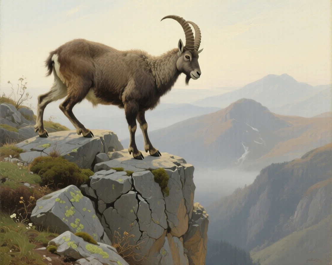 A mountain goat balancing effortlessly on a near-vertical cliff face, muscles tensed with powerful, controlled grace, evoking deep respect for the power and grace of nature