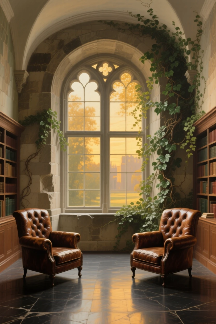 A quiet reading room with leather armchairs beside tall arched windows standing empty in the golden hush of late afternoon, set inside a grand academy of art and learning, with climbing ivy softening the edges of ancient stonework; a central vanishing point draws the viewer deep into the grand space, suggesting both luxury and profound stillness.