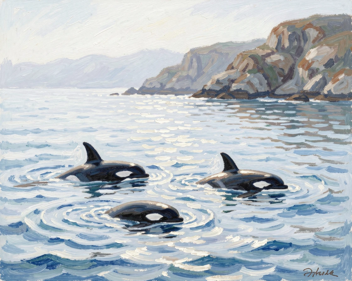 A pod of orcas swimming gracefully through icy blue waters near a rugged coastline.