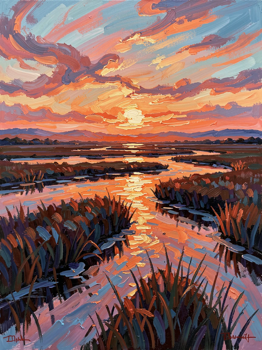 A wide salt marsh at sunset, channels of water catching the last orange light.