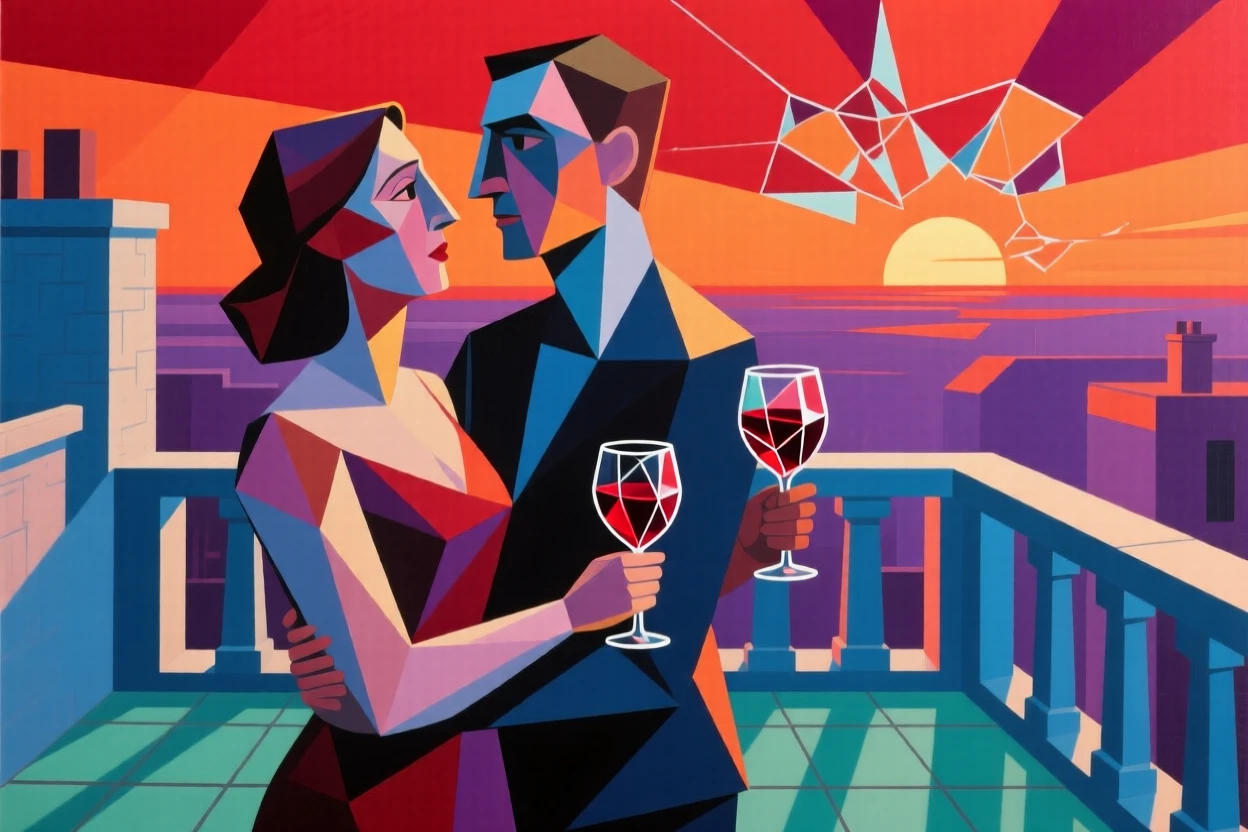 A couple watching the sunset together from a rooftop terrace with wine glasses.
