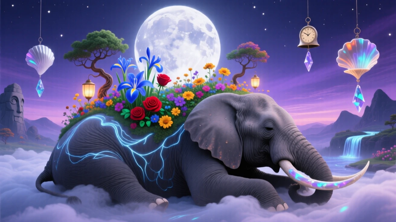 An elephant with a tiny blooming garden growing upon its back rests peacefully beneath the glow of a rising moon, while distant chimes seem to echo with each small movement.