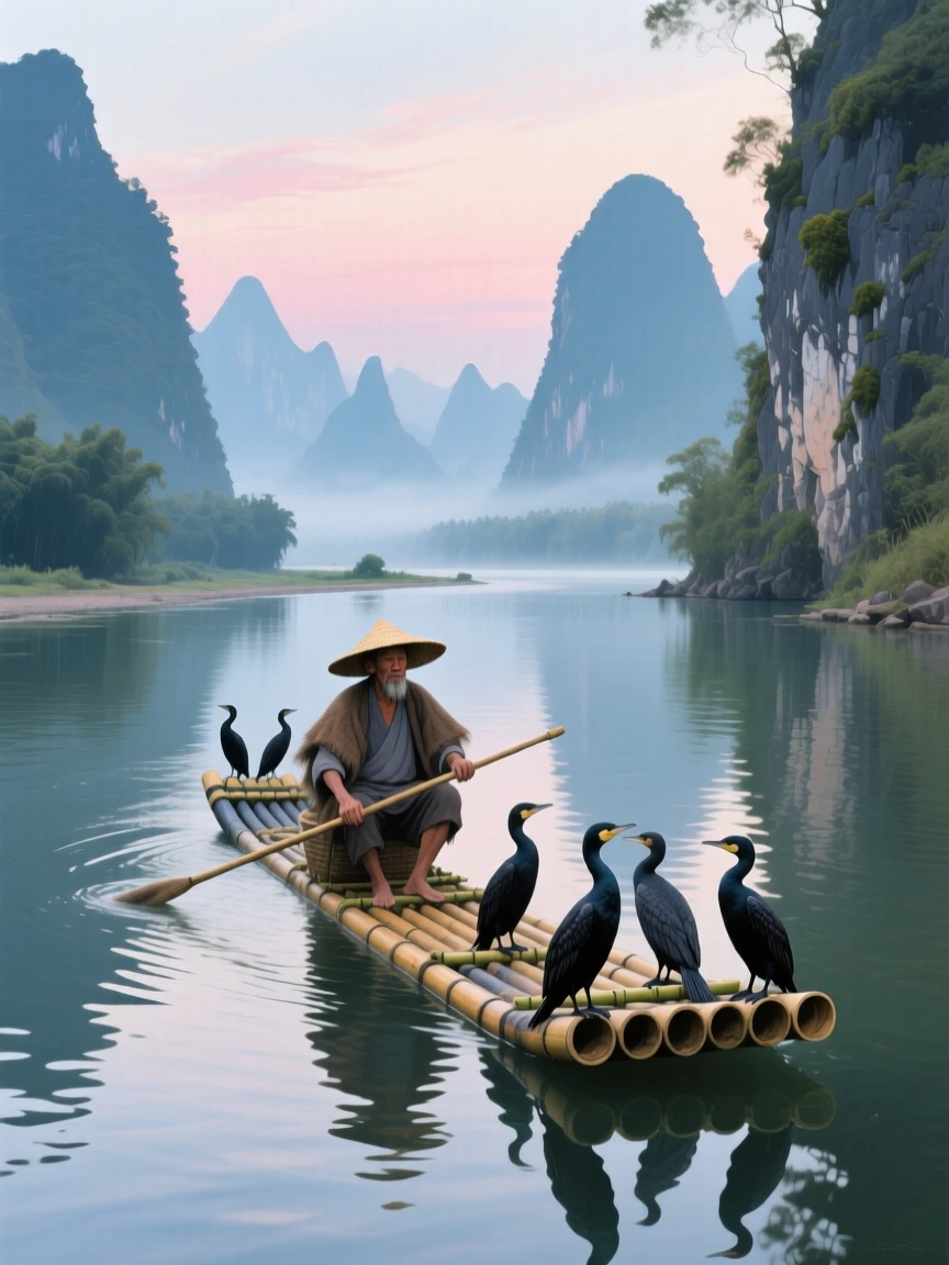 The Li River winds between dramatic karst peaks in Guilin, a bamboo raft drifting past with a fisherman and his cormorants, morning mist still clinging to the hillsides, the air carrying a faint mist that softens distant shapes without obscuring the overall view.