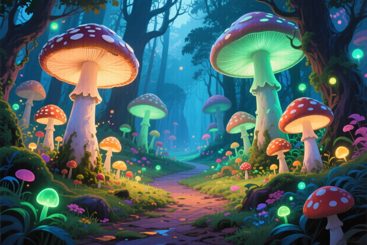 An enchanted forest where towering mushrooms glow with soft bioluminescent light along a hidden path