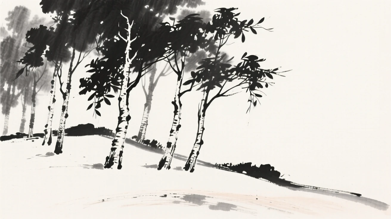 a stand of birch trees along a quiet ridge, with sunlight filtering through the canopy.