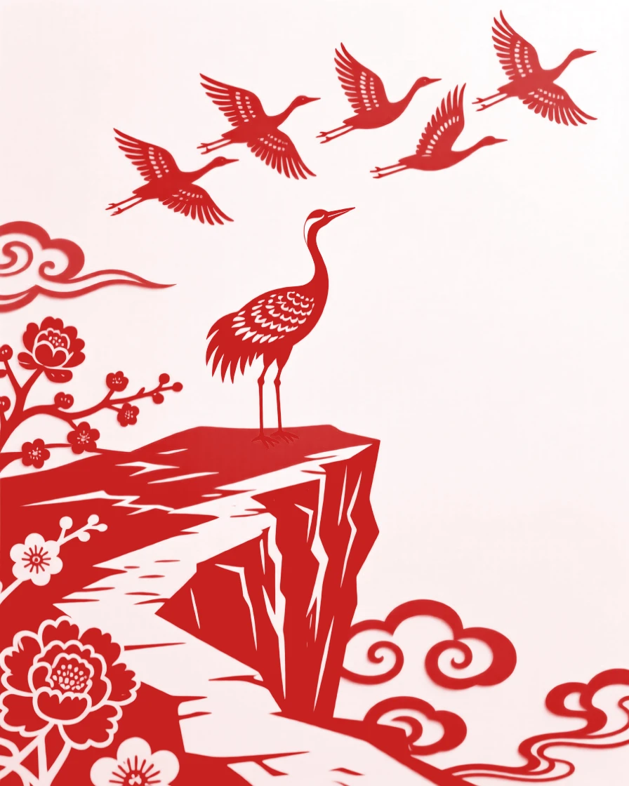 A composition of a lone crane along a cliffside path above the clouds, wild geese flying in formation overhead.