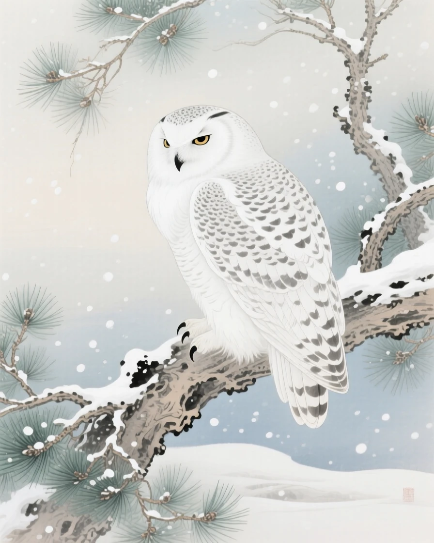 A snowy owl huddled together during a gentle snowfall, soft morning light filtering through the branches