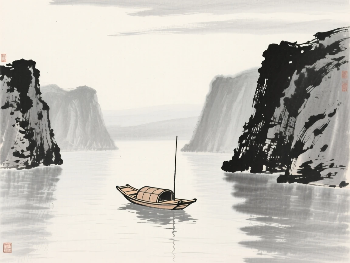 A lone wooden boat drifting on a still, glassy river beneath towering rock walls softened by haze, composed with wide open space above to emphasize the scale of the sky, conveying calm reflection and gentle isolation.