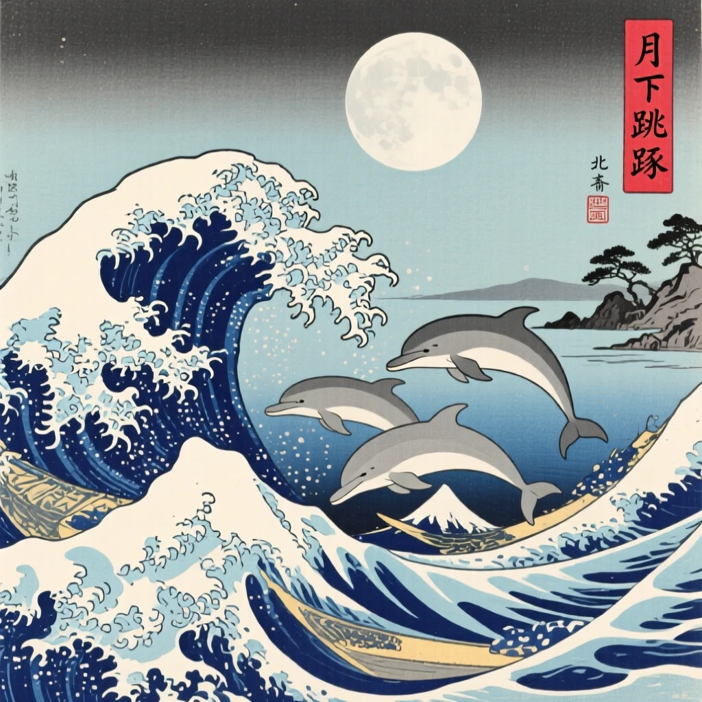A school of leaping dolphins beneath towering ocean waves, under a full moon.