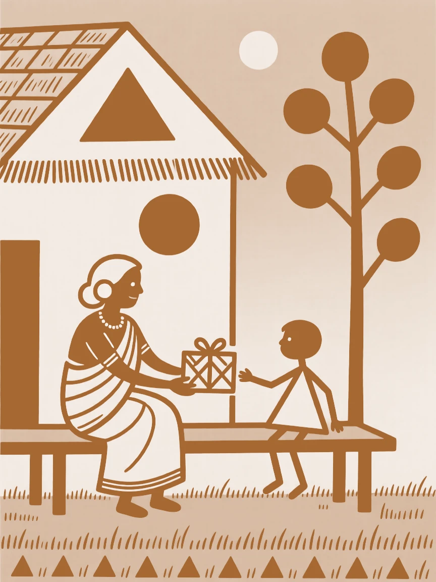 A grandmother exchanging gifts on a quiet evening on a bench outside a home.