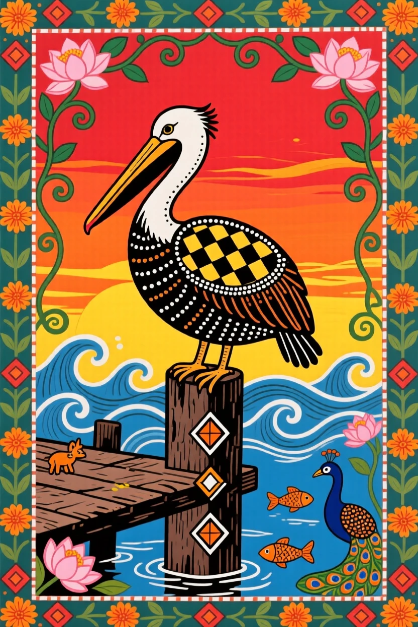 A pelican perched on a weathered dock post at sunset.