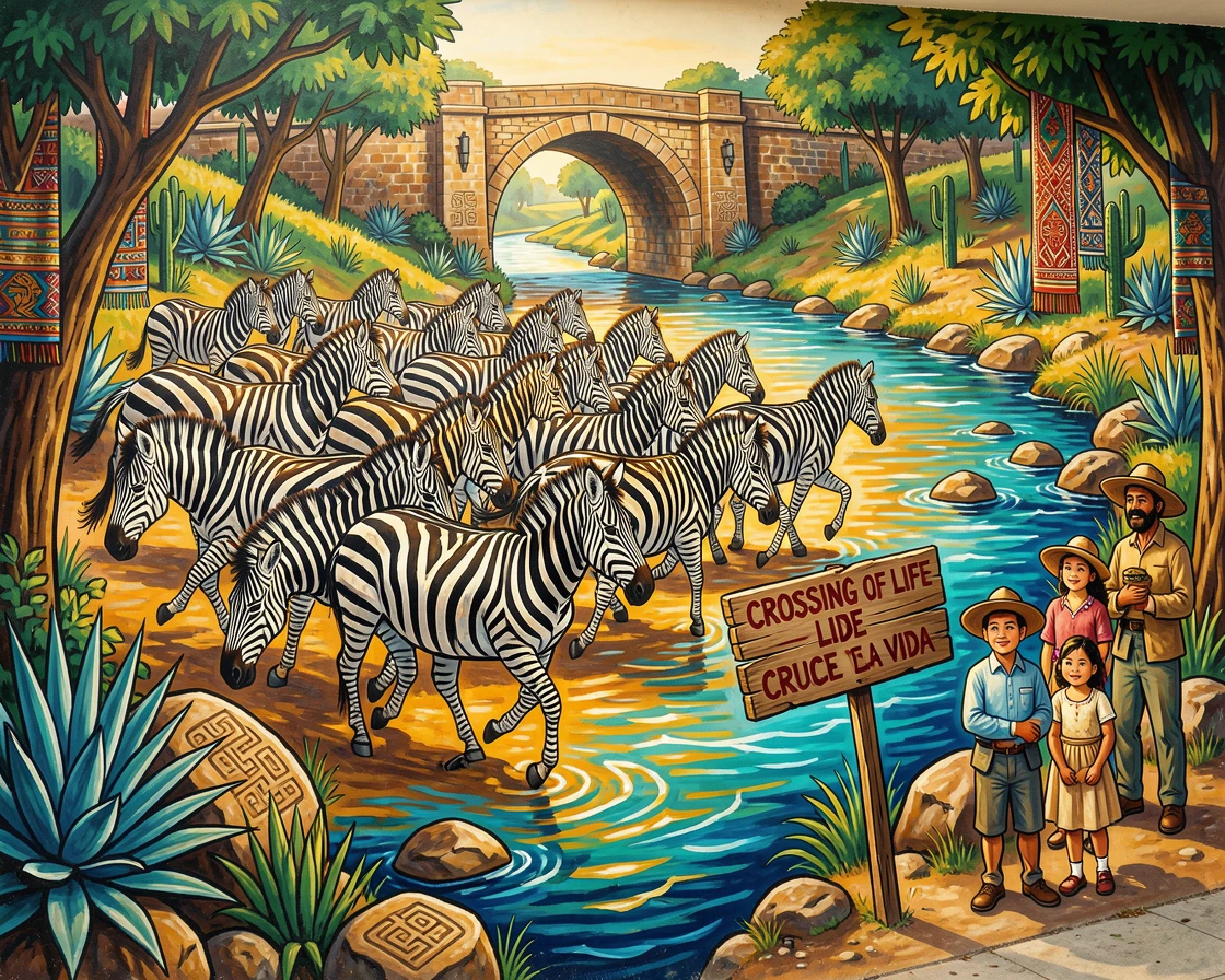 A herd of zebras crossing a sunlit river