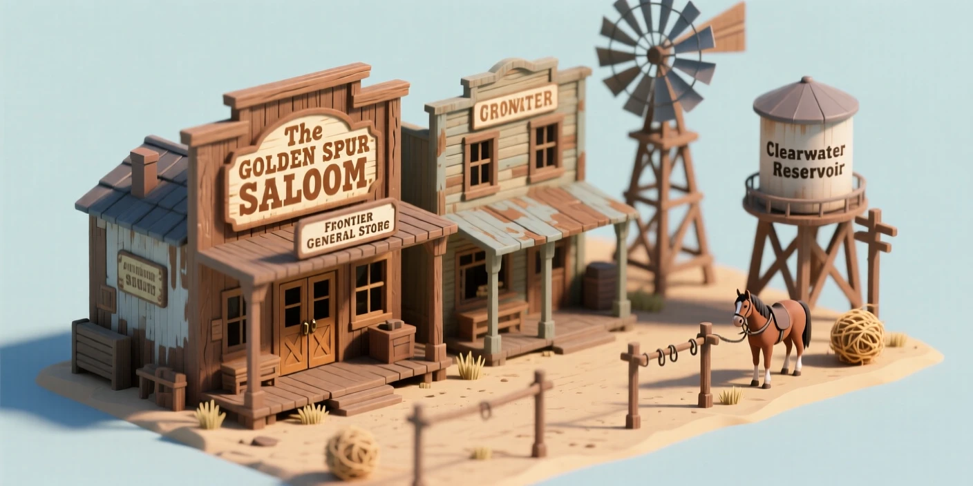 A Wild West frontier town with a saloon, a general store, hitching posts for horses, a windmill turning beside a water tower, and tumbleweeds rolling down the main street.