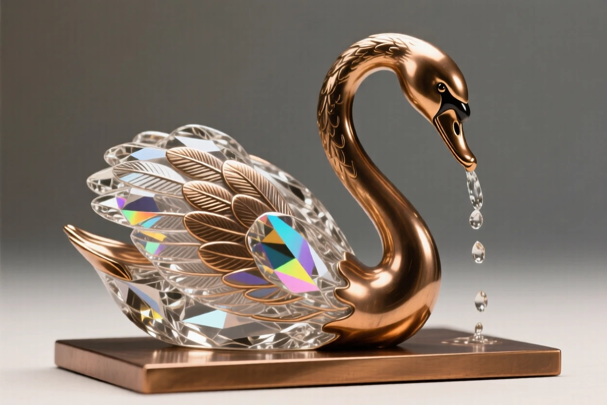 A delicate crystal swan catching prismatic light, rendered with exquisite, luminous detail, radiating elegance and refinement