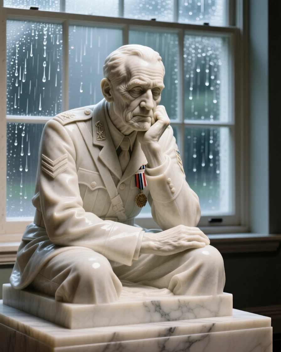 A tender portrait of a veteran soldier, resting chin on folded hands, with a rain-streaked window behind them, evoking warmth and humanity