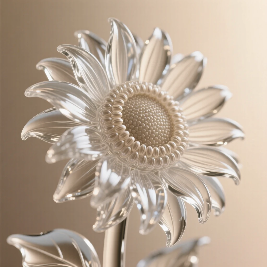 A macro close-up of a sunflower turned toward the light, every delicate detail in sharp focus, muted background, conveying delicate beauty and serenity.