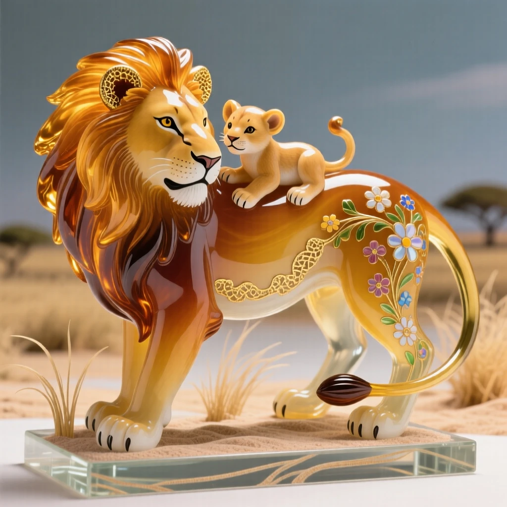 A mother lioness carrying her cub gently by the scruff across the savanna, tender and protective.