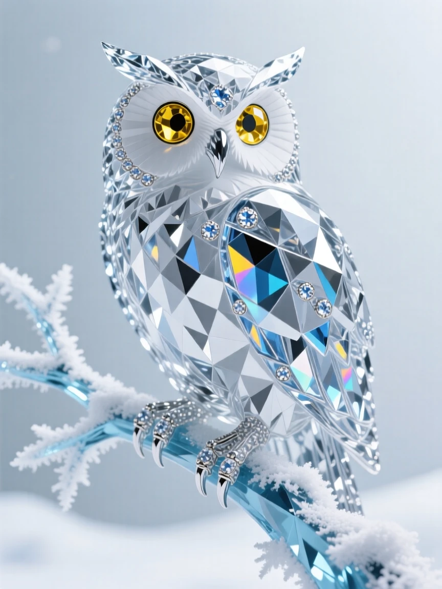 A snowy owl perched silently on a frost-covered branch, piercing yellow eyes staring directly at the viewer.