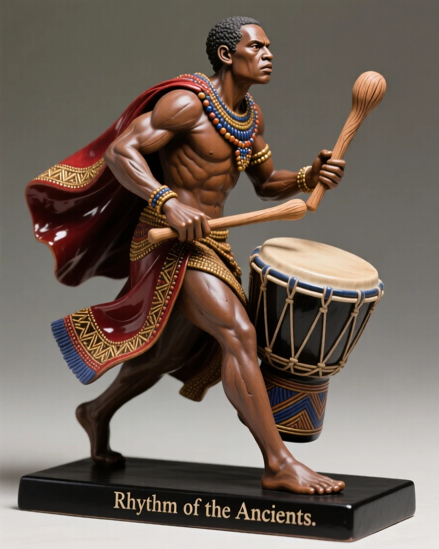 A tribal drummer mid-beat striding forward with purposeful authority, draped in richly embroidered ceremonial cloth, evoking reverence for ancient tradition.