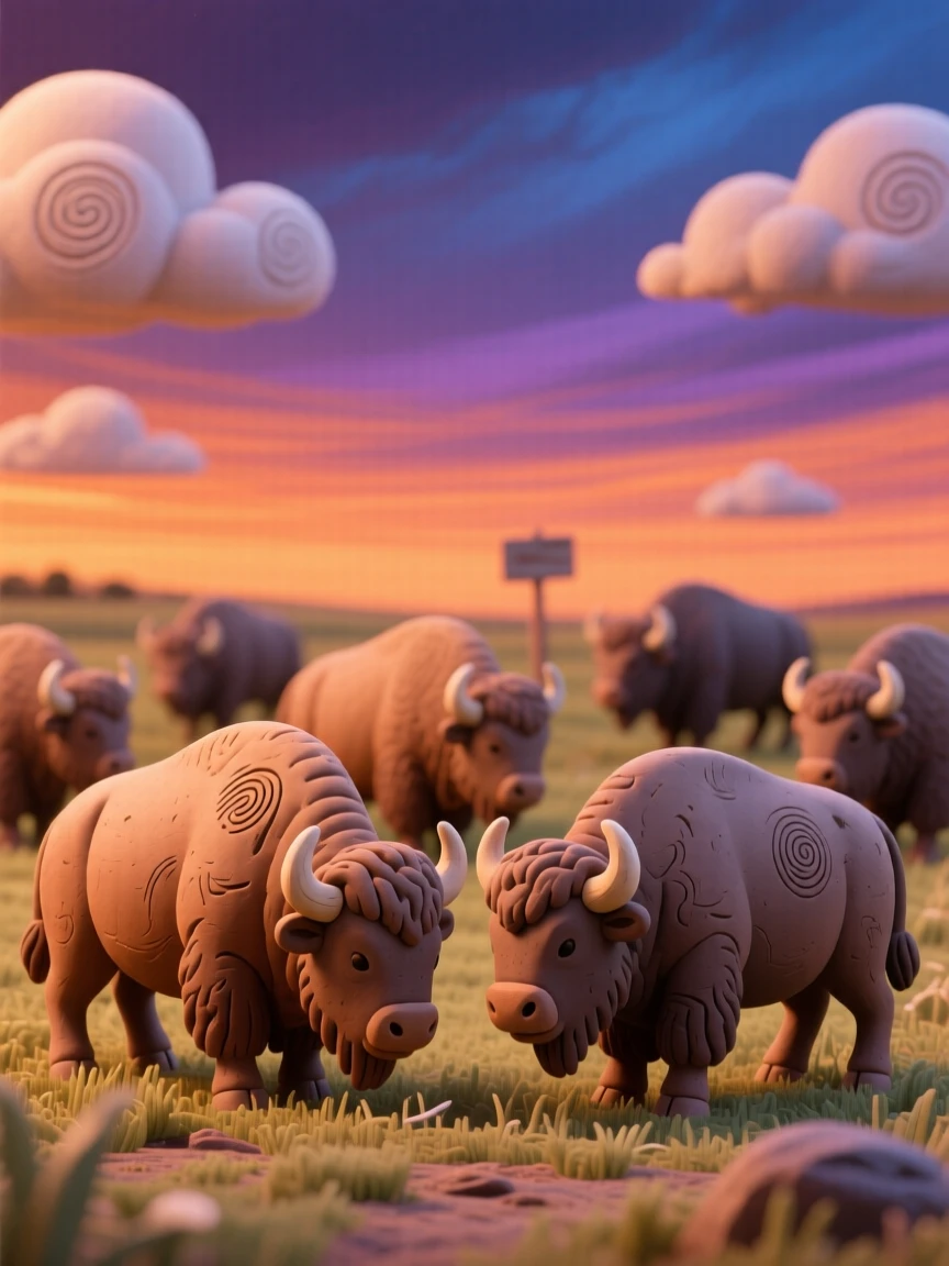 A herd of bison grazing peacefully beneath a dramatic prairie sky