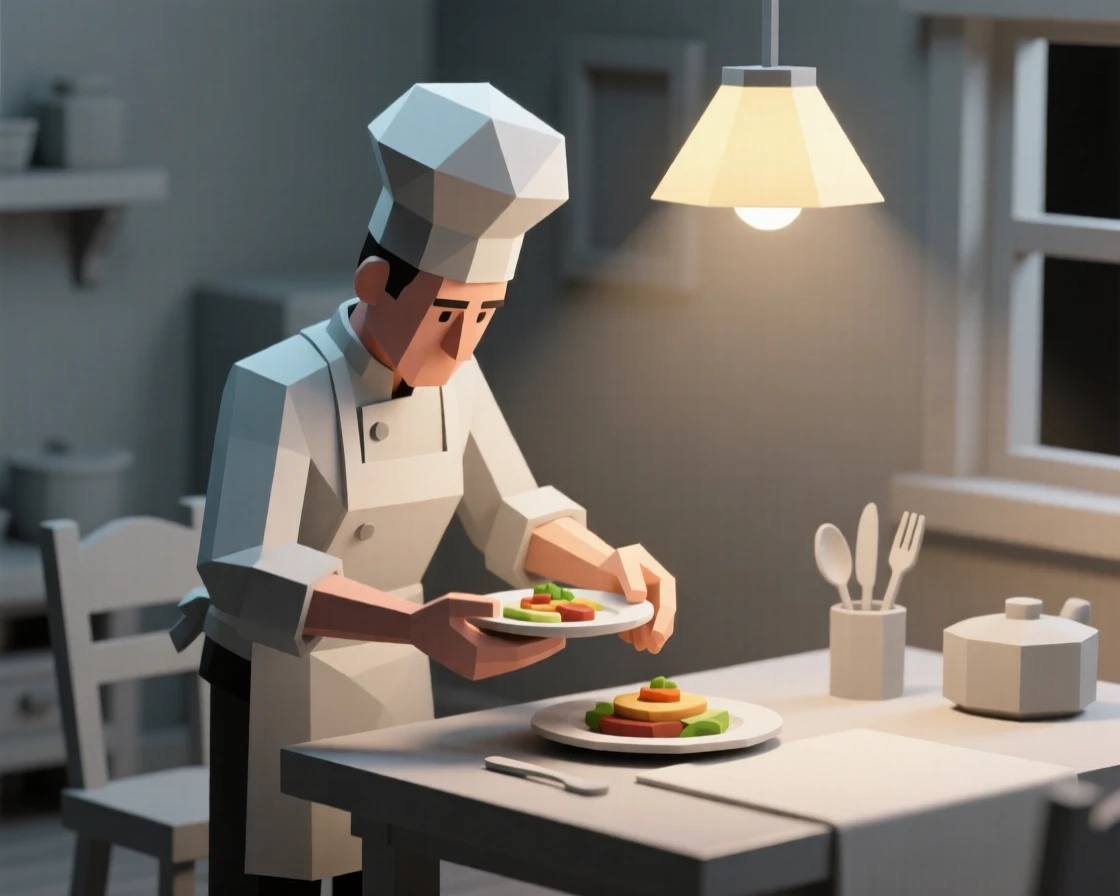 A chef plating a dish with focused precision, in a softly lit cozy room. soft backlighting creates a warm, glowing silhouette. A wave of nostalgia fills the moment.