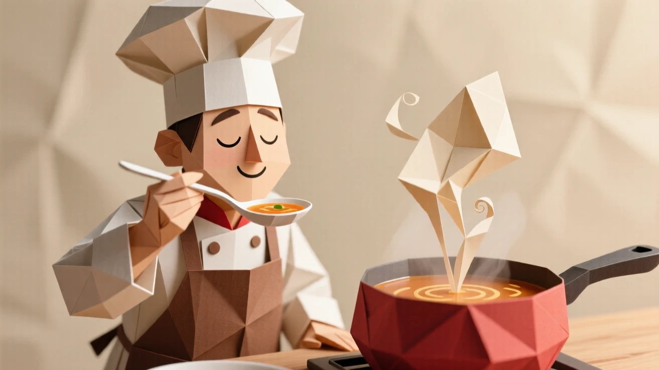 A chef character tasting a spoonful of soup with eyes closed in satisfaction, steam rising from the pot.