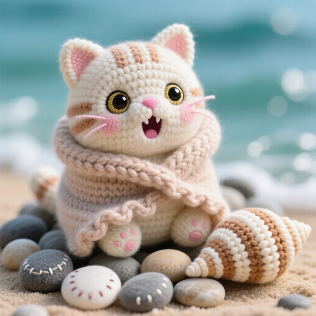 A heartwarming close-up of a plump baby cat, wrapped snugly in a knitted blanket, yawning with tiny sharp teeth showing in a tide pool filled with smooth pebbles; a smooth striped seashell close by completes the scene, radiating wide-eyed wonder at the world around it.