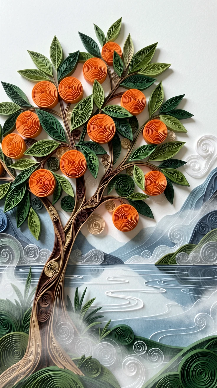 A serene botanical study of a citrus tree heavy with ripe oranges along the edge of a misty mountain lake, under a light mist rising from the ground, shot from a low angle looking up toward the light.
