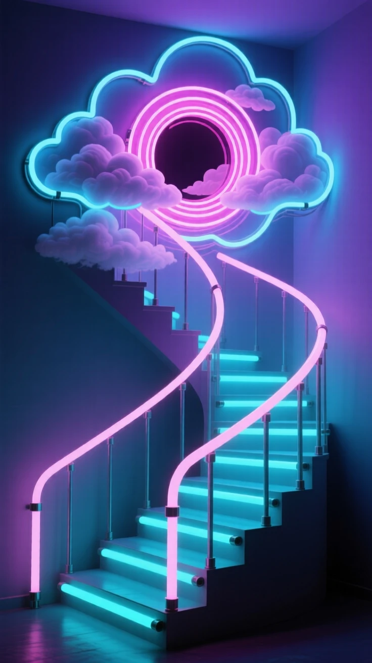 A staircase spiraling up into a swirling portal in the clouds.