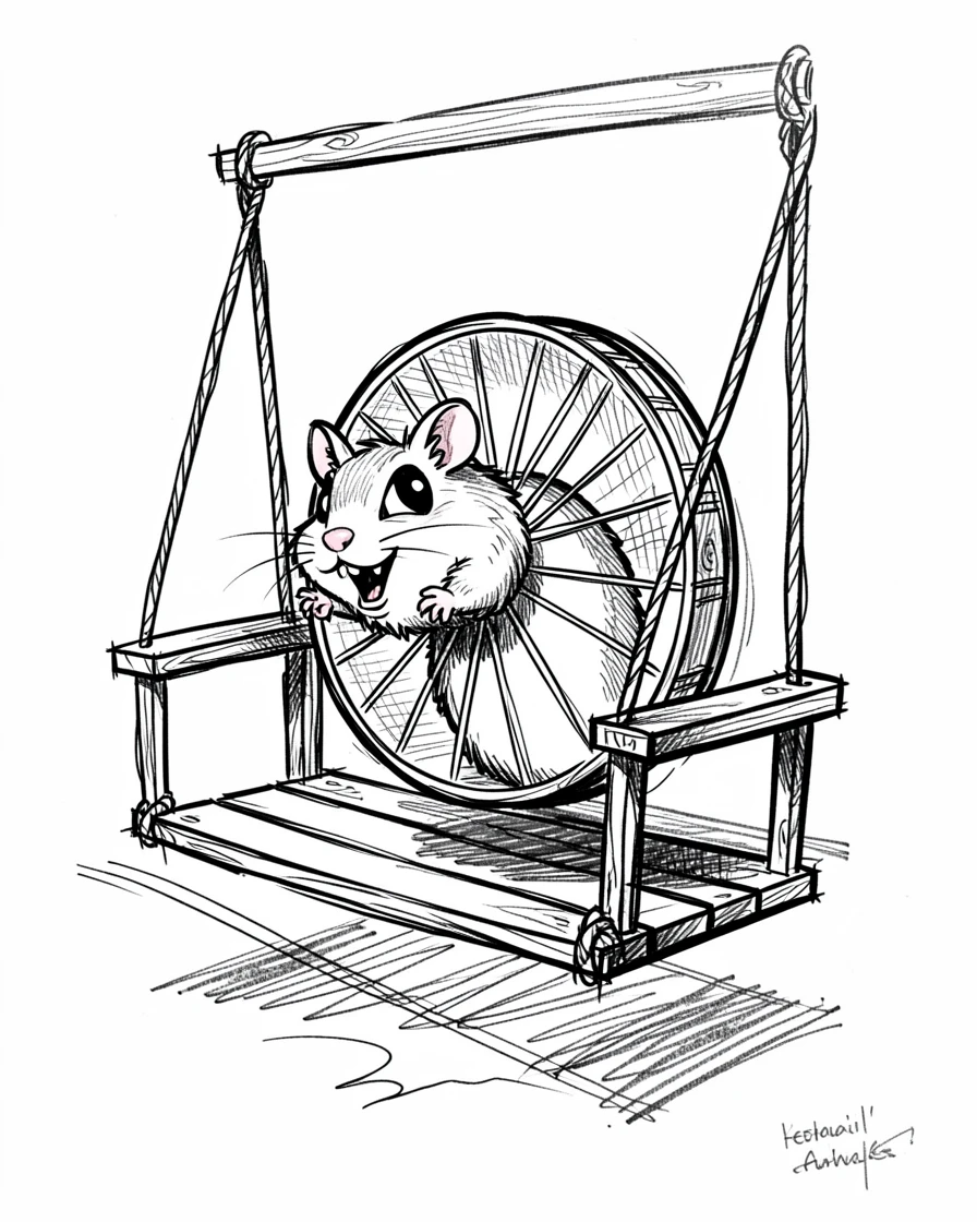 A hamster in a wheel sitting on a porch swing.