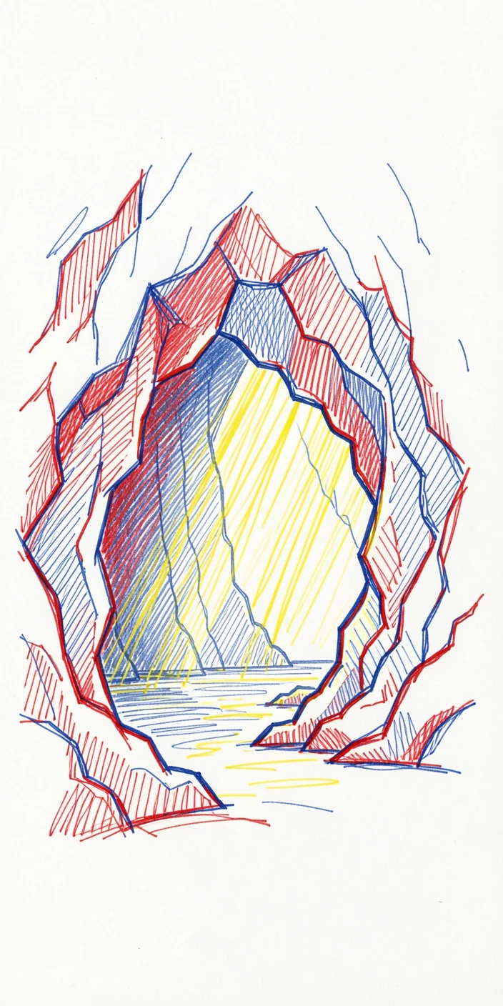 A dramatic coastal cave illuminated by shafts of sunlight from a hidden opening