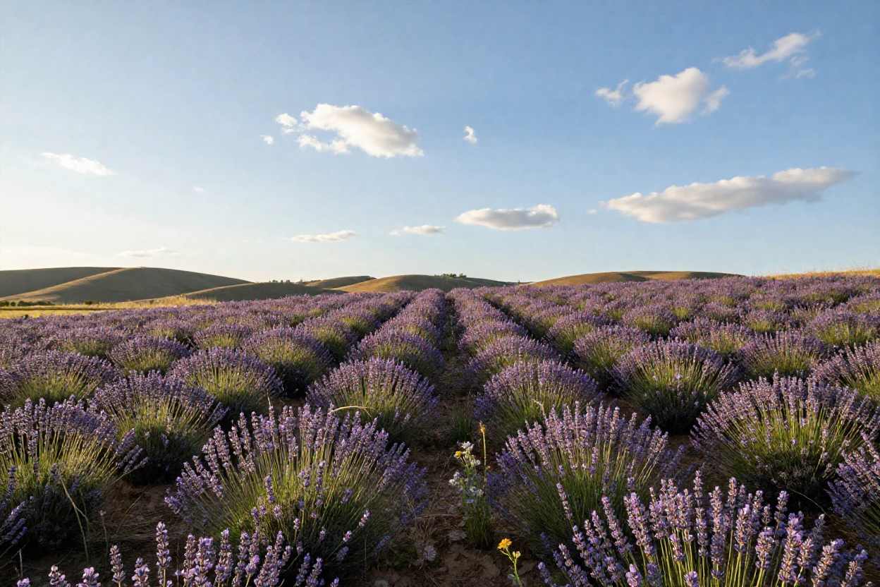 A field of lavender stretches toward distant hills under a wide open sky.
