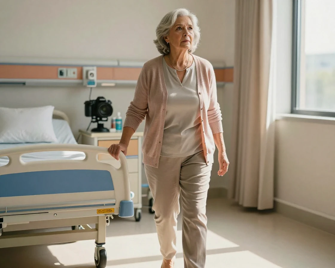 A proud grandmother taking a first confident step forward at the edge of a hospital bed